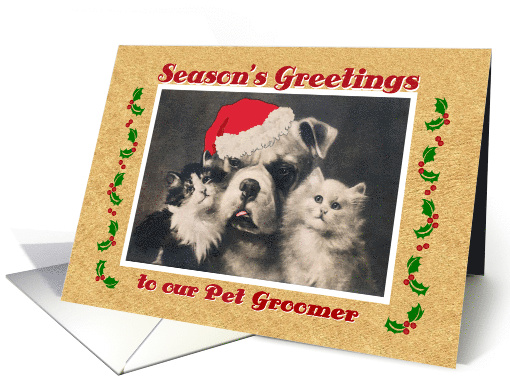 Season's Greetings for Pet Groomer, Bulldog Cats Vintage Postcard card