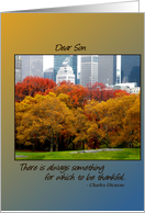 Thanksgiving for Son, Central Park, N.Y. in Autumn Dickens Quote card