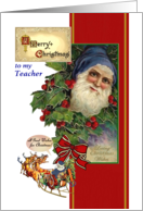 Merry Christmas for Teacher, Vintage Santa in Blue, Reindeer Red Bow card