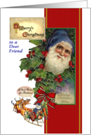 Christmas for Dear Friend, Vintage Santa in Blue, Reindeer Red Bow card