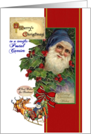 Christmas for Postal Carrier, Vintage Santa in Blue, Reindeer, Red Bow card