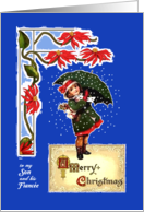 Christmas for Son and Fiancee Vintage Girl in Snow with Umbrella, Poem card