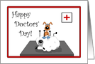 Cute Puppy & Sheep, Red Border, Happy Doctors’ Day Card