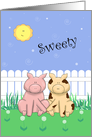 Cartoon Pigs Holding Hands, Sun, Fence, Funny Romantic Flirty Card