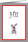Hi, Cute Cartoon Bunny Rabbit Holding Heart, Love Flirty Card