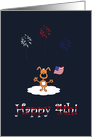 Cartoon Puppy Dog With Flag, Fireworks, Happy 4th Of July Card