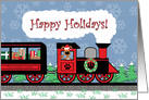 Happy Holidays, Puppy Dog in Train, Presents,Trees, Snow, Christmas card