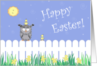 Whimsical Happy Easter Owl On Fence, Baby Chicks, Daffodils, Sun, Card