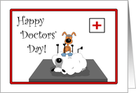 Cute Puppy & Sheep, Red Border, Happy Doctors’ Day Card