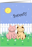 Cartoon Pigs Holding Hands, Sun, Fence, Funny Romantic Flirty Card