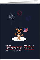 Cartoon Puppy Dog With Flag, Fireworks, Happy 4th Of July Card