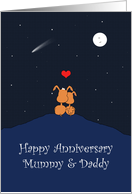 Puppy Dog Couple, Moon, Stars, Heart, Happy Anniversary Mummy & Daddy card