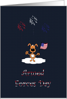 Puppy Dog Holding USA Flag, Fireworks, Armed Forces Day Card