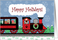 Happy Holidays, Puppy Dog in Train, Presents,Trees, Snow, Christmas card