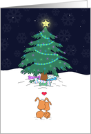 Merry Christmas, Puppy Dog Couple Cuddling, Love, Christmas Tree, card