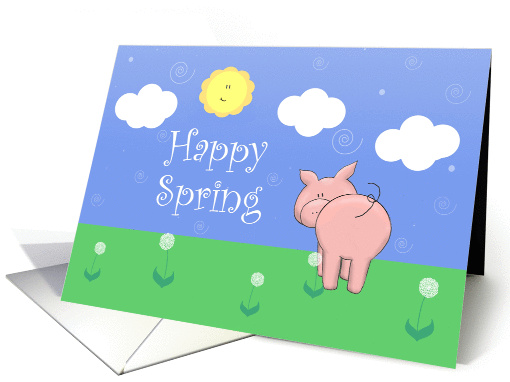 Happy Spring, Cute Pig, Sun, Clouds, Dandelions card (959571)