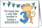 Birthday card, 3rd birthday, cute little monkey, blue, bunting card