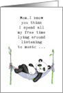 Mother’s Day, cute panda listening to music, humor, illustration card