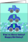 Happy Birthday for Three Year Old with Blue Cars Green Numbers Stars card