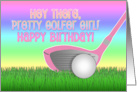 Happy Birthday Pretty Golfer Girl with Golf Club & Pink Rainbow card