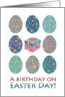 Birthday on Easter Day, eggs, patterns, gift box illustration card