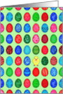 Easter card with bright colored decorated eggs and cute little chick. card