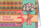 Happy 3rd Birthday with Cute Fox with Balloons and Retro Patterns card