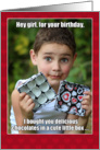 Funny Birthday card, for her, meme, humor, cute boy with chocolates. card