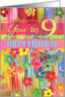 Happy 9th Birthday for Girl with Bright Colors and Painted Flowers card