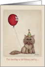 Birthday Party Invitation with Red Balloon and Cute Kitten card