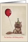 Birthday party invitation, cute kitten illustration, red balloon. card