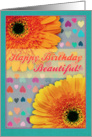Happy Birthday, Beautiful! Orange daisies, heart pattern, for her card