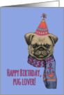 Happy Birthday, Pug Lover! Cute pug, chevron scarf, party hat. card