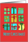 Merry Christmas, cartoon hand drawn gifts, red, blue, yellow, green card