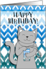 Happy Birthday with Cat Listening to Music and Patterned Background card