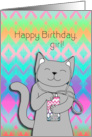 Happy Birthday Girl with Cat Listening to Music & Rainbow Ikat Pattern card