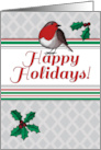 Happy Holidays Christmas Robin & Holly Berries in Red White Green card