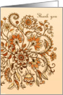 Thank you card, Jacobean floral pattern, hand drawn, tan, brown, cream card