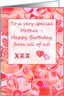 Happy Birthday Mother, from all of us! Peach, red, pink floral pattern card