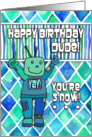 Happy 3rd Birthday, Dude, blue & green robot with diamond pattern card