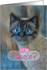 Be my Valentine? - sad cat painting with big blue eyes, pink hearts card