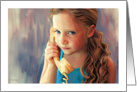 Retro style portrait painting of a girl with phone - blank note card. card