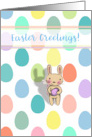 Easter Greetings Cute Bunny Illustration and Pastel Eggs on White card