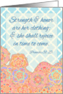 Christian scripture card for her, Proverbs 31:25, floral, blue pattern card
