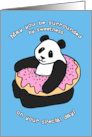 Happy Birthday with Cute Panda Pink Donut Illustration on Blue card