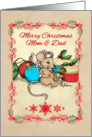 Merry Christmas Mom & Dad, cute mouse illustration, love, joy & pie! card