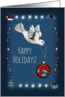 Happy Holidays! Navy blue, red & white dove & bauble illustration card