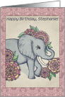 Happy Birthday, Stephanie! Cute elephant illustration, pastels, pink card