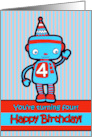 Happy Birthday You’re Four with Cute Retro Robot in a Party Hat card