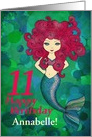 11th Birthday, Cute Mermaid with pink hair, customizable front text card